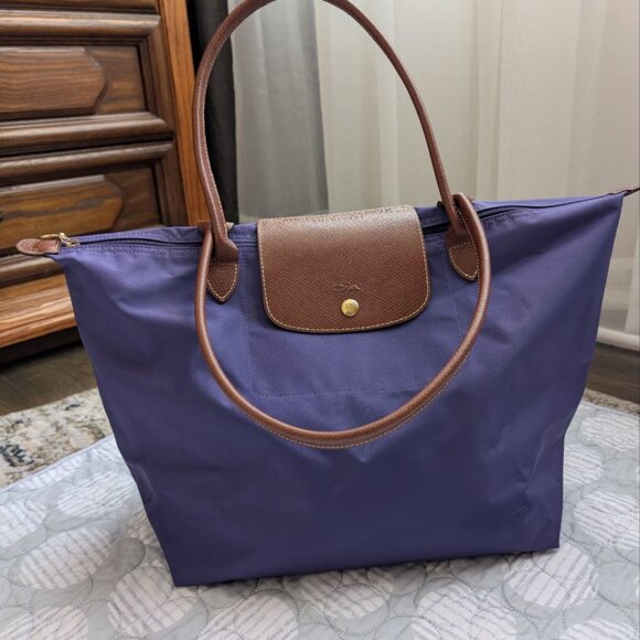 LONGCHAMP Le Pliage Original Large Tote Black Nylon Travel Should Purple - Picture 2 of 16